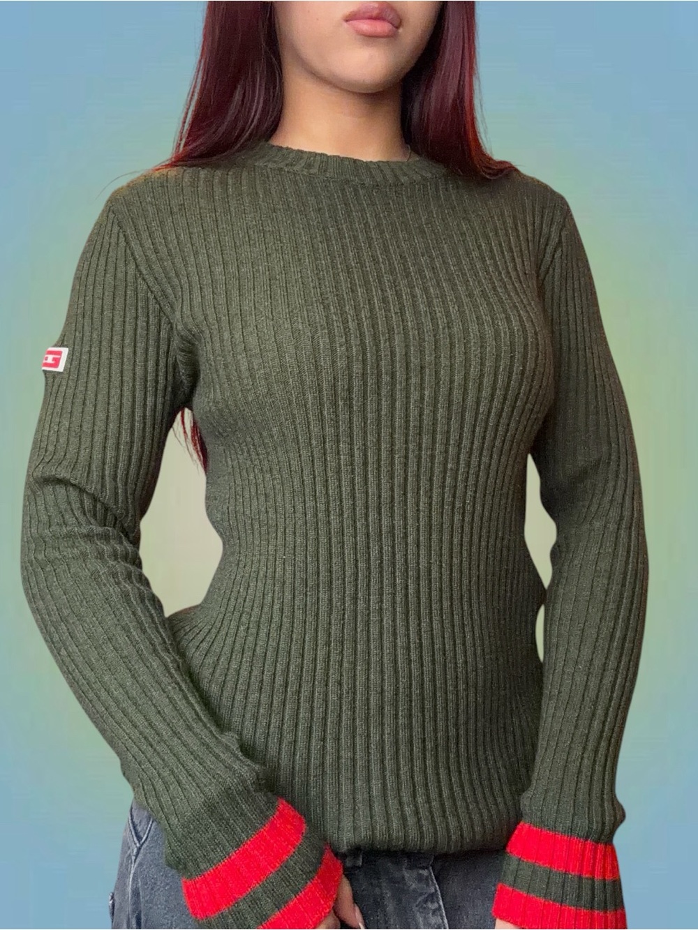 Diesel Olive Green Ribbed Long Sleeve Sweater with Red Stripe Cuffs